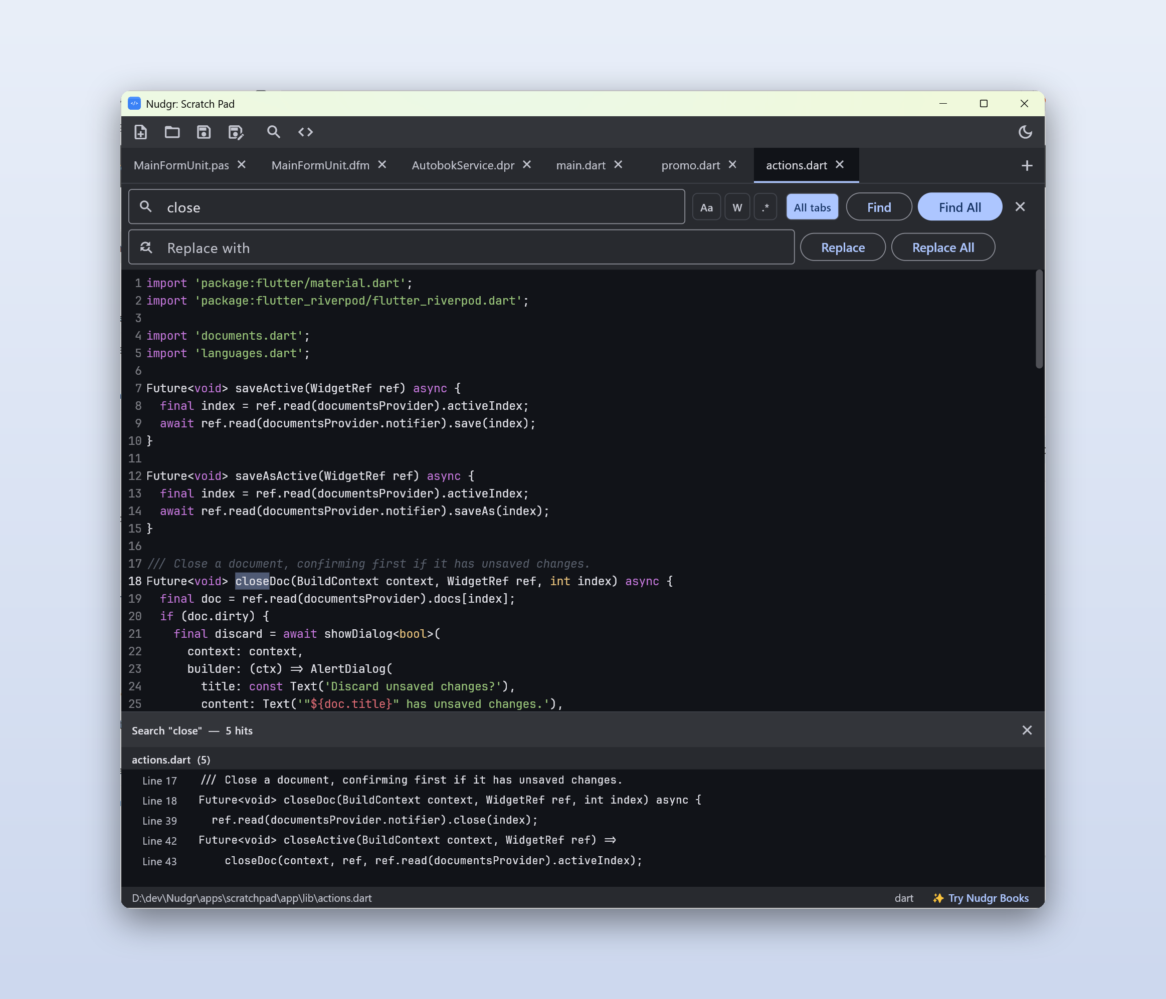 Find & replace across every open tab with a click-to-jump results panel